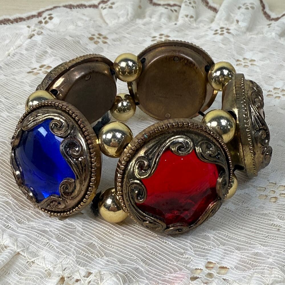 Vintage Multicolor Faux Gem Chunky Stretch Bracelet Boho Whimsigoth Steampunk